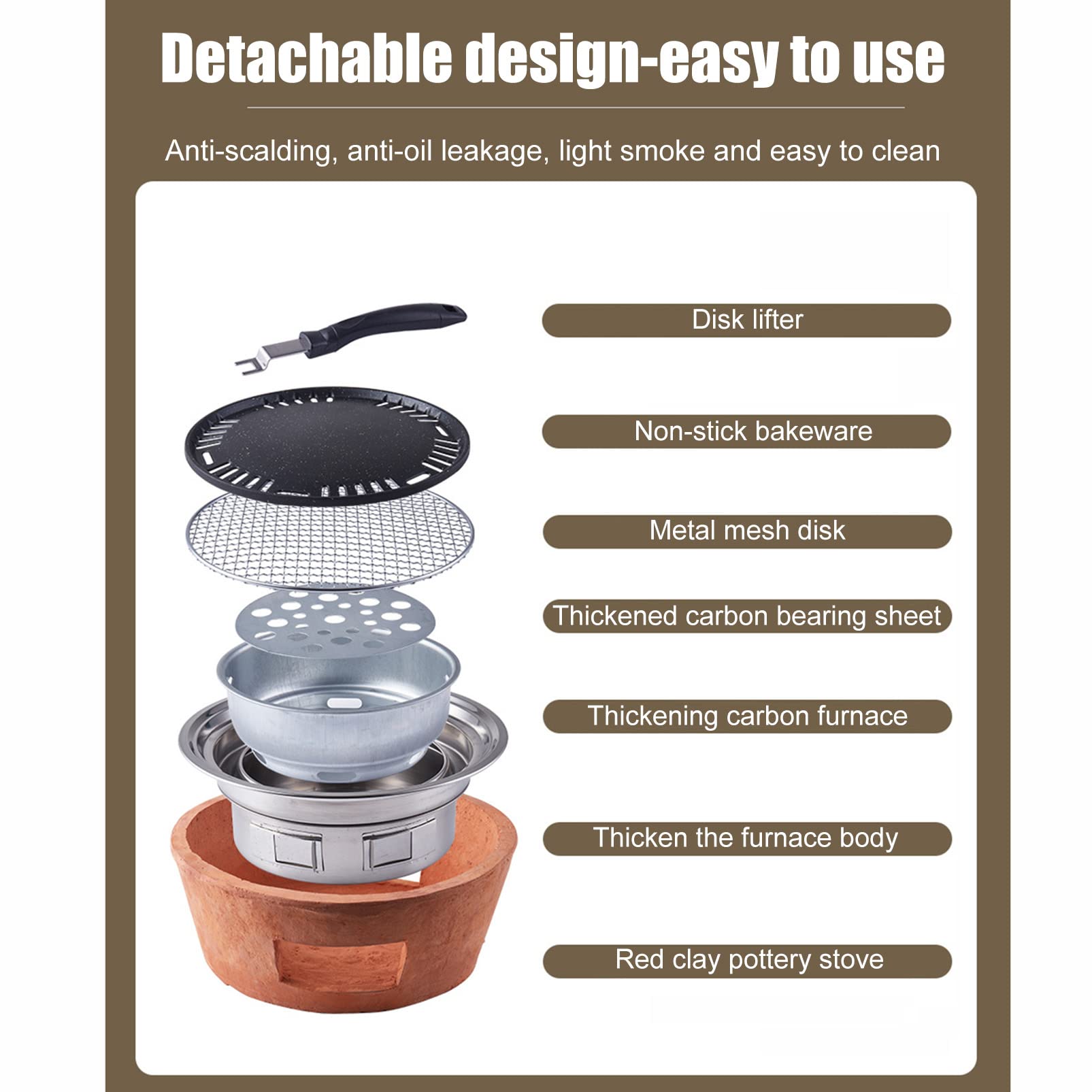 Griglia Portatile Hibachi Piccola Stufa a Carbone Griglia per Barbecue, Barbecue da Interno/da Campeggio Stufa ad Alcool Antiaderente, Stufa in Terracotta in Stile Giapponese con griglia in Rete Met