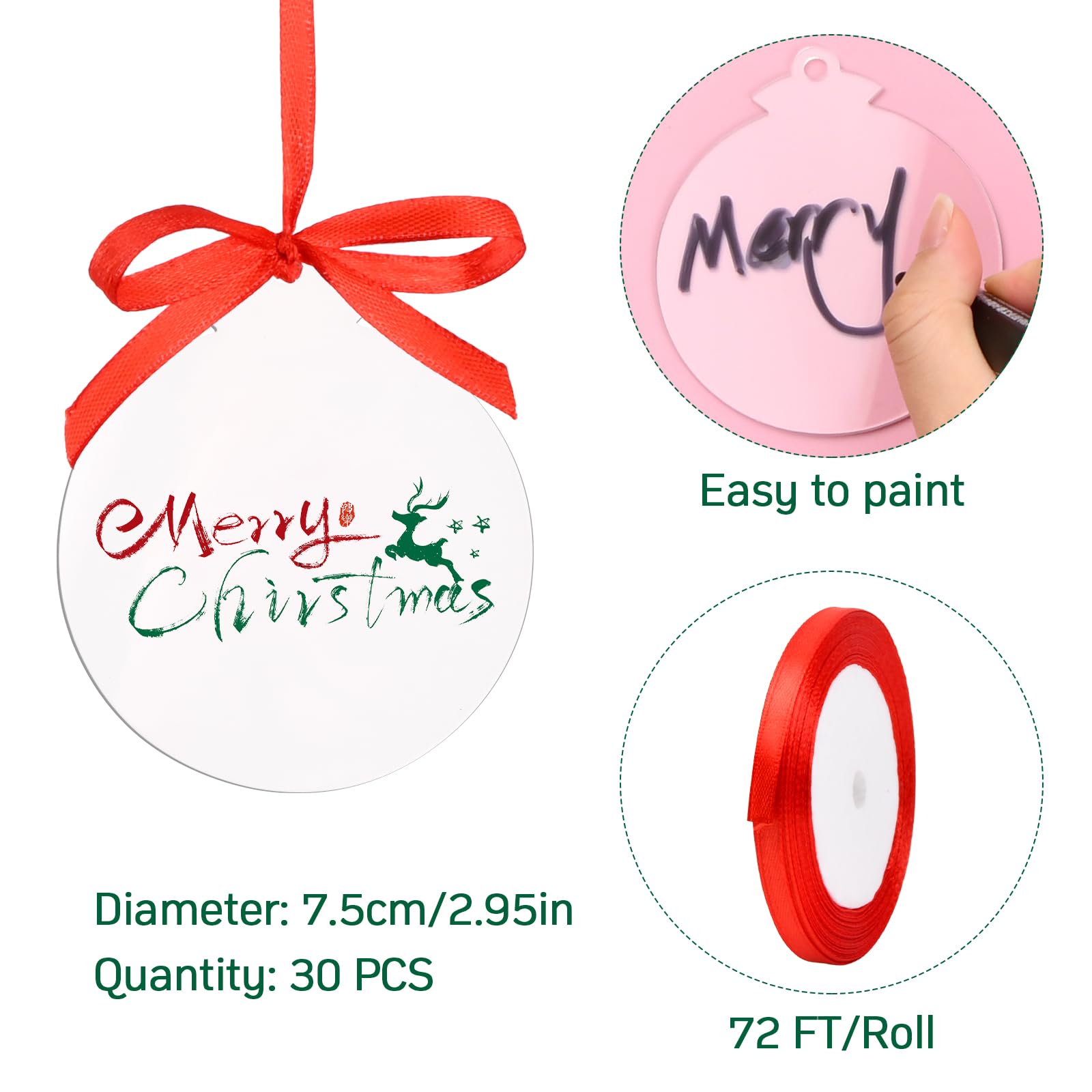 TSKDKIT 50 Pezzi Set di Ornamenti di Natale in Acrilico Trasparente con Nastro Rosso Dischi Acrilici a Cerchio 7.6cm Dischi Acrilici Dischi di Natale per Etichetta Regalo, Artigianato Fai-da-Te