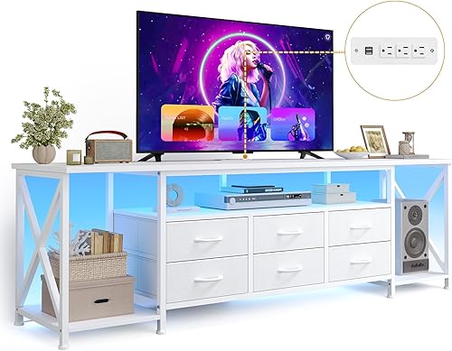 Miniatura 11 de BTHFST Soporte de TV con luces LED y tomas de corriente, para televisores de hasta 80 pulgadas, centro de entretenimiento con 6 cajones con estantes