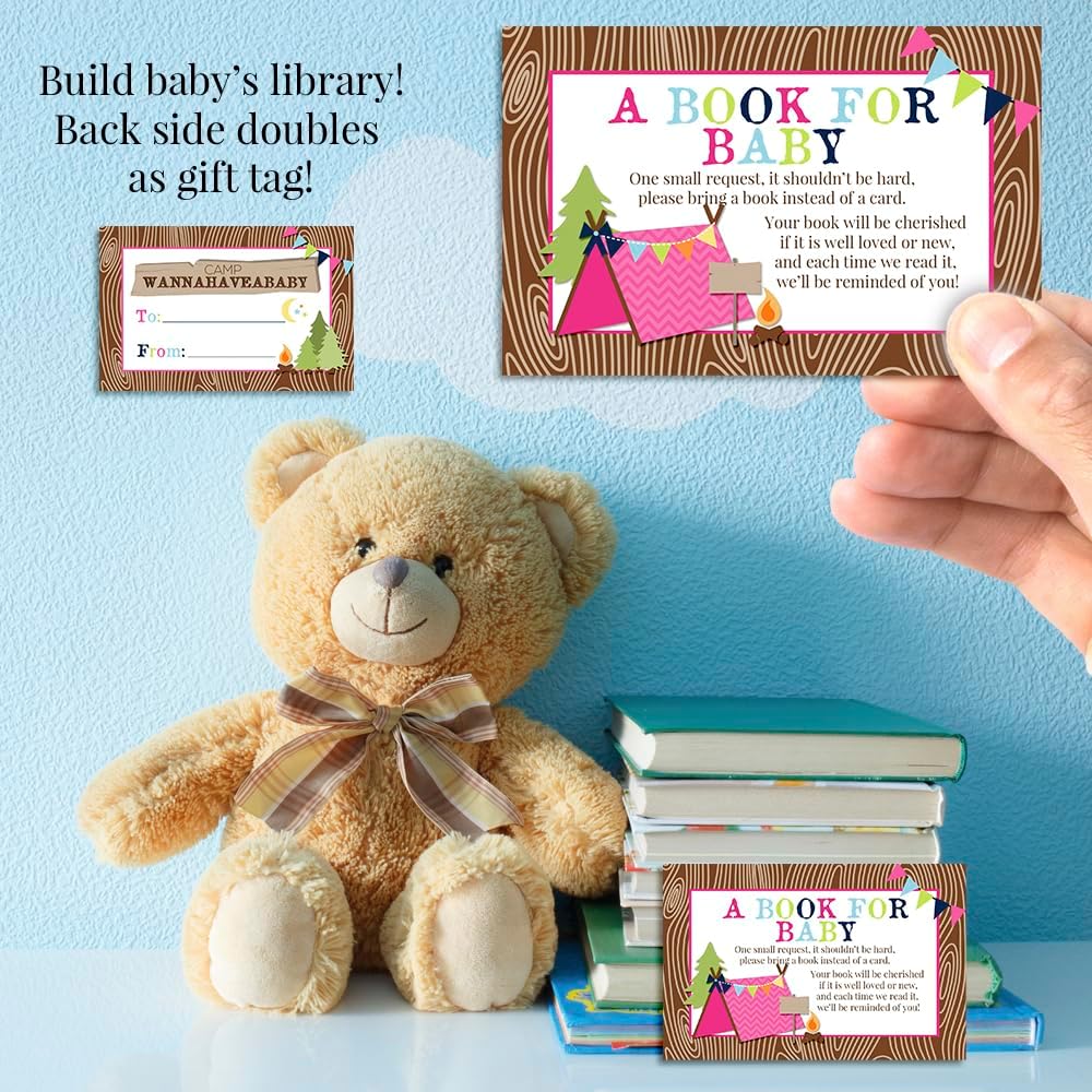 Baby Shower Invites for Girls – Camping Baby Shower Invitation Bundle with Diaper Raffle Tickets, Book Request Cards & Envelopes. Set of 20 5X7 Camp Wanna-Have-A-Baby Invitation Kit Sets
