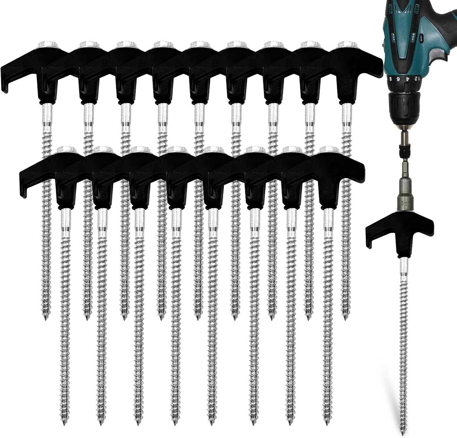 Nexboraque 20 Pack Screw in Tent Stakes, 8 Inch Heavy Duty Ground Anchors with Hex Head Drillable Tent Pegs Camping Stakes for Patio, Garden, Canopies, Grassland, Outdoor (Black)