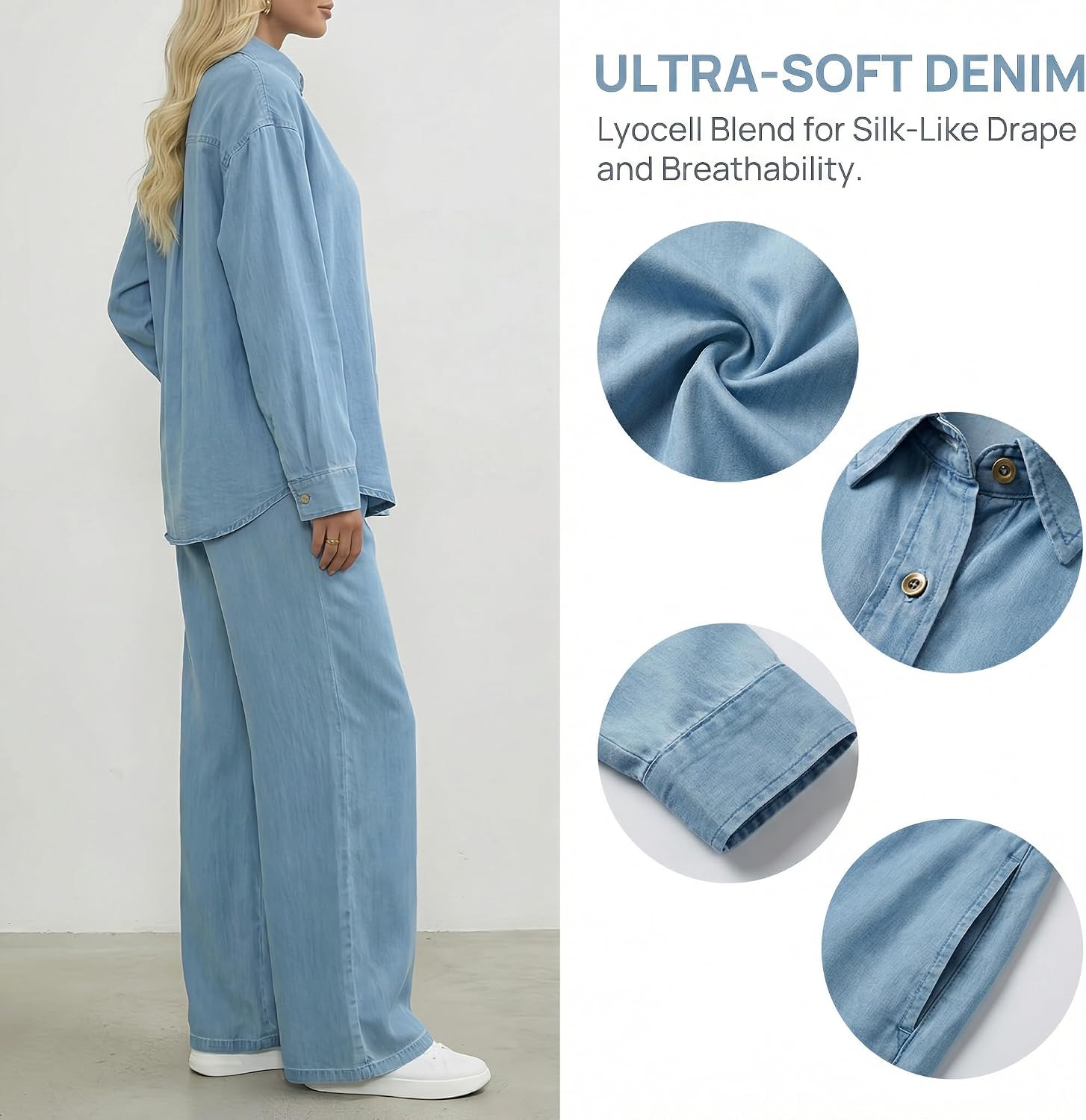 Denim Set for Women 2 Piece, Y2K Loose Flowing Breathable Soft Elegant Loungewear