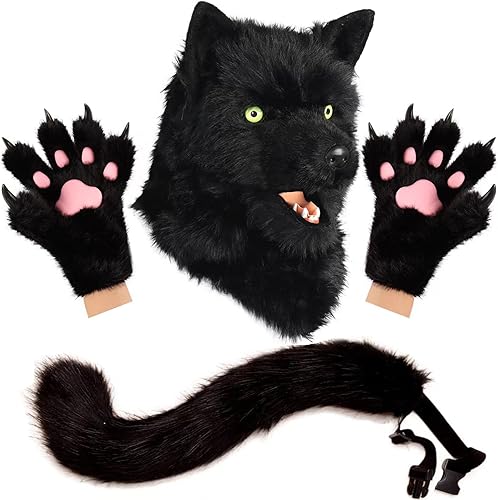 Miniatura 8 de Máscara de cabeza de perro de animales realistas peludos guantes de garra de cola de lobo completo máscaras para fiesta de Halloween, carnaval,