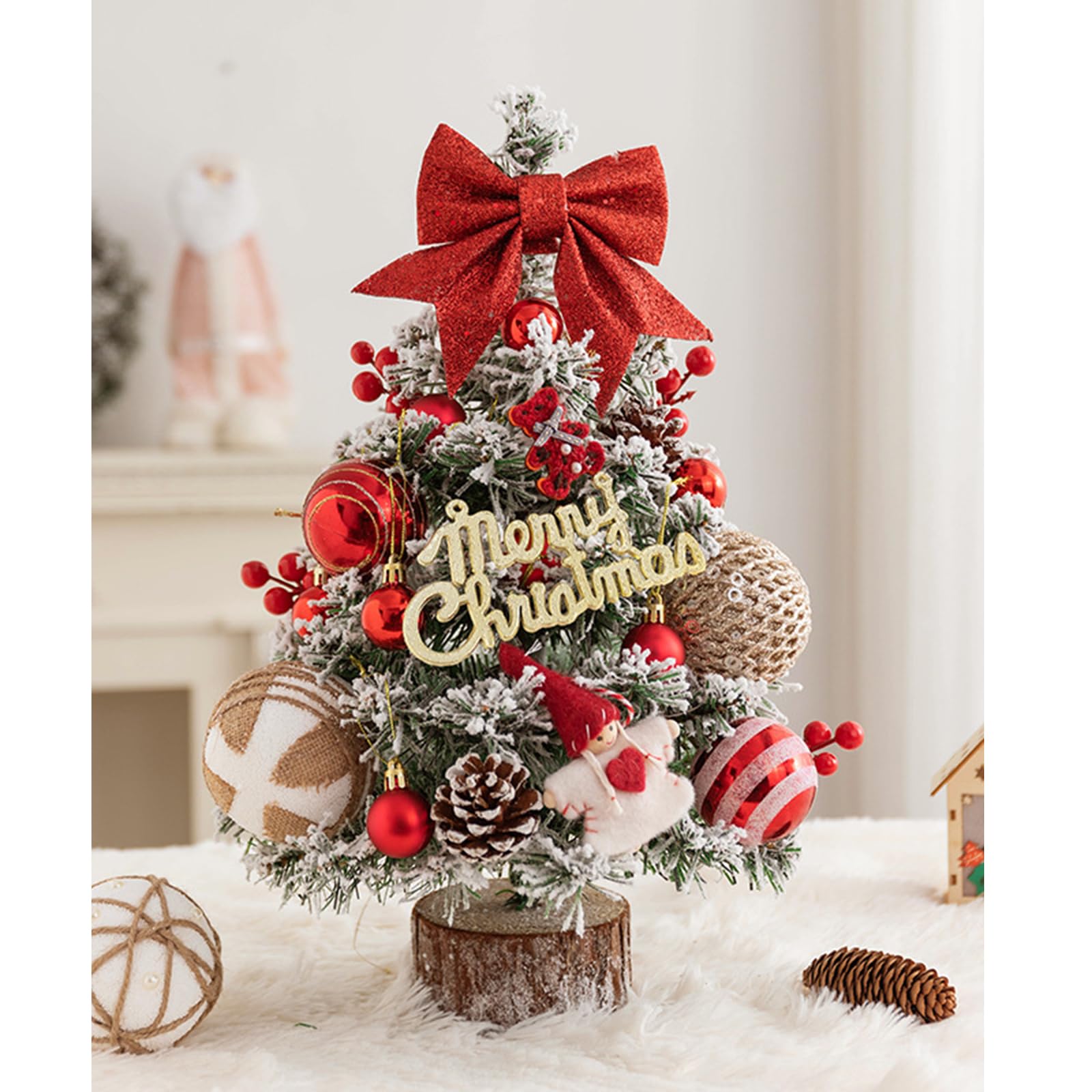 ANTOLE Mini Tabletop Christmas Tree 20inch Small DIY Xmas Artificial Tree with Ornaments Christmas Tabletop Desktop Decorations for Home Party Supplies Office Shopping Bar,Red 45CM& light