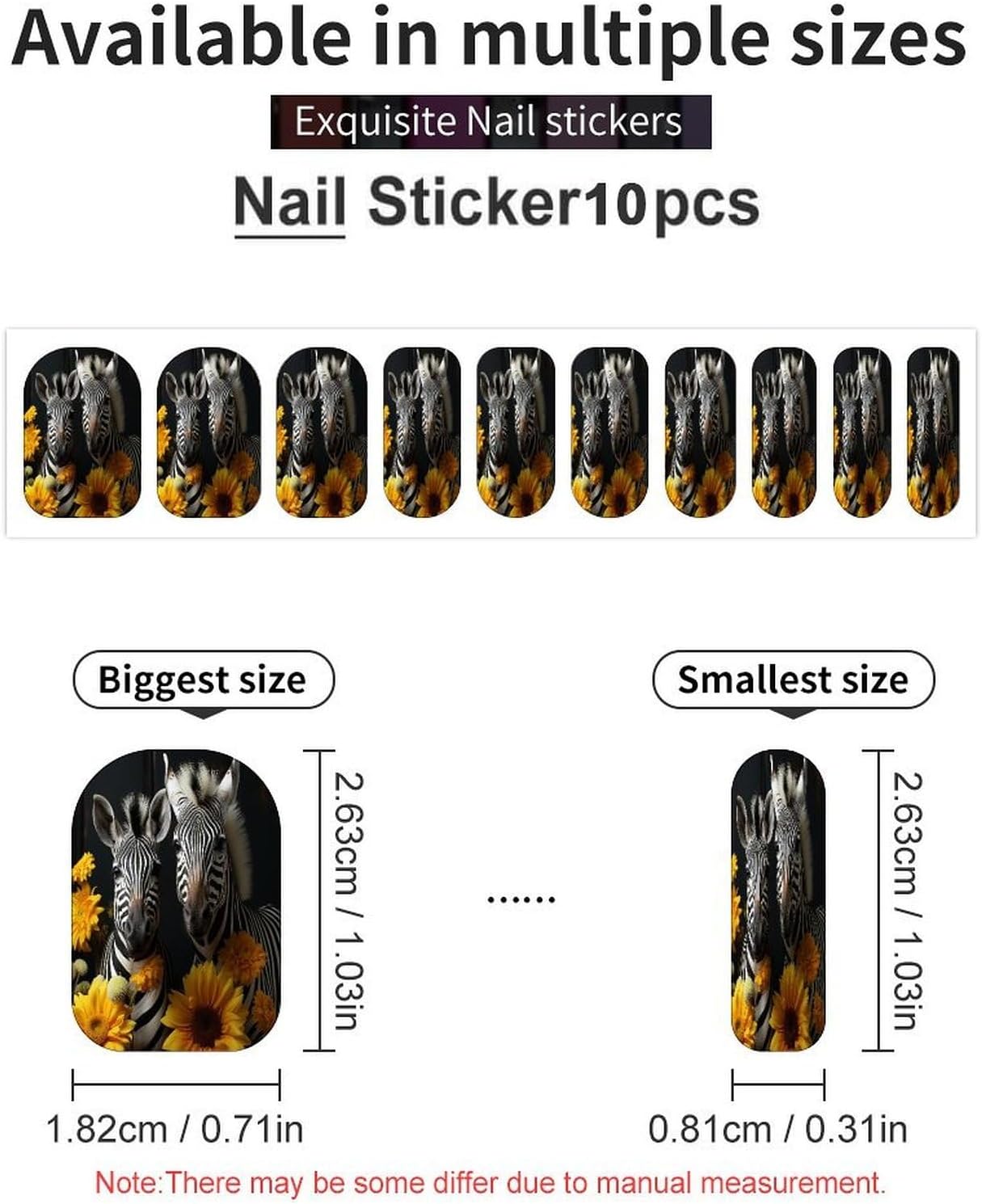 Pair of Sunflowers and Zebra Summer Nail Stickers Nail Strips | Nail Art Stickers of 10 sets with decorate fingernails,toenails,artificial nails Full Cover Easy On-Off Non-Damaging