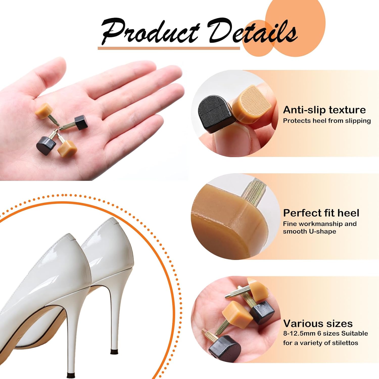 24 Pairs High Heel Replacement Tips, Women Heel Shoes Repair Cap，Dowels Tips Pin Kit,with 6 Inch High Heel Remove Pliers, 8-12.5mm 6 Sizes Heel Tips Caps, U-Shape, Black Beige