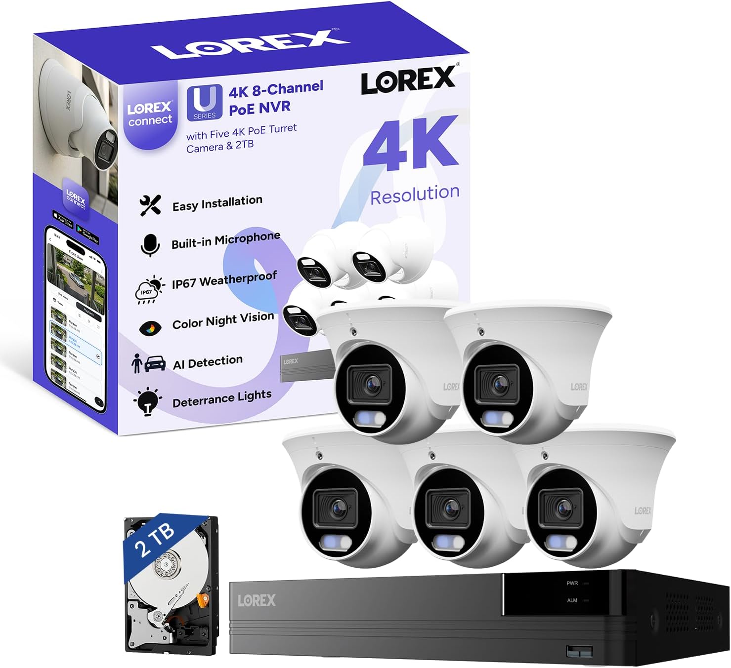 Lorex Connect (New App) | U-Series | 8Ch 4K NVR System | 5 Dome 4K Cameras