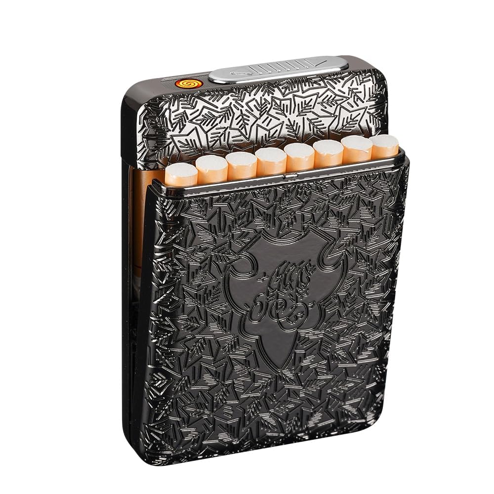 Étui à cigarettes avec briquet - Électronique intégré - Sans flamme - Rechargeable - 84 mm - King Size - Noir