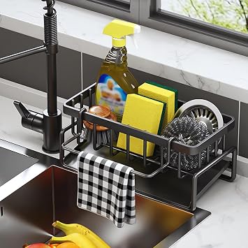 Kitchen Sink Caddy Storage & Organisation, Sink Tidy, Accessories-Stainless Steel Sponge Holder for Kitchen Sink Organiser and Drainer, Sink Soap Holder Black
