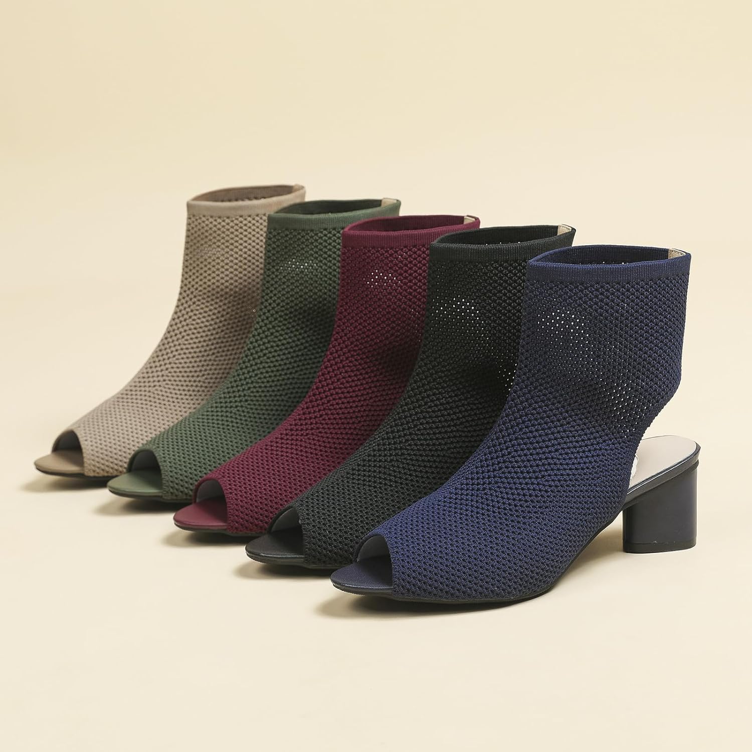 Zeberfi Women's Knit Peep Toe Slingback Chunky Heel Ankle Boots Open Pointed Toe Hollow Heeled Sandals Summer Casual Slip On Dress Sock Booties - Image 3