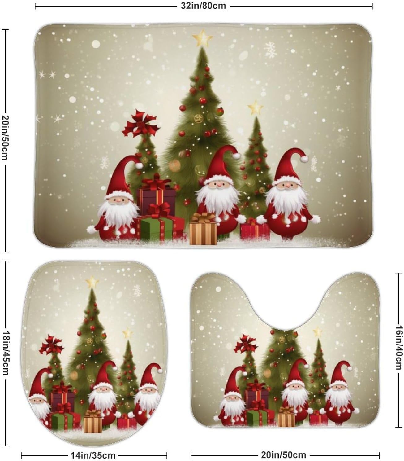 Anti-Skid Floor Mats 3 Piece Set,Merry Christmas Printed Coral Fleece Bathroom Mats U-Shaped Contour Mat Toilet Seat Cover for Bathroom, Tub, Shower, Kitchen 19.7"x31.5"