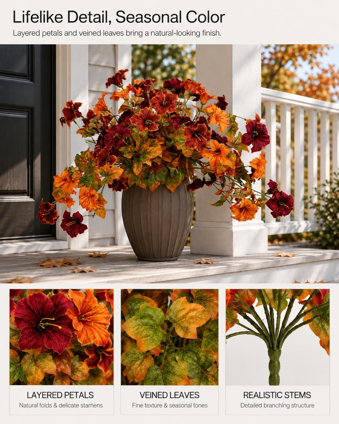 Fall Faux Flowers Outdoor, 3 Silk Petunia Stems for Porch Planters image 3
