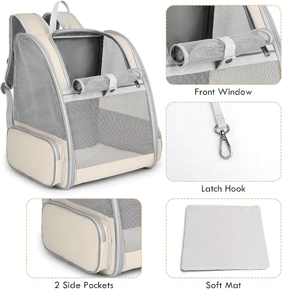 Cat Backpack Carrier, Large Pet Carrier Backpack with Kitten Wand Feather Toy for Medium Small Dog Cat Puppy Kitty Bunny up to 15lbs, Ventilated Mesh Kitten Bookbag for Travel Walking Outdoor (Beige)