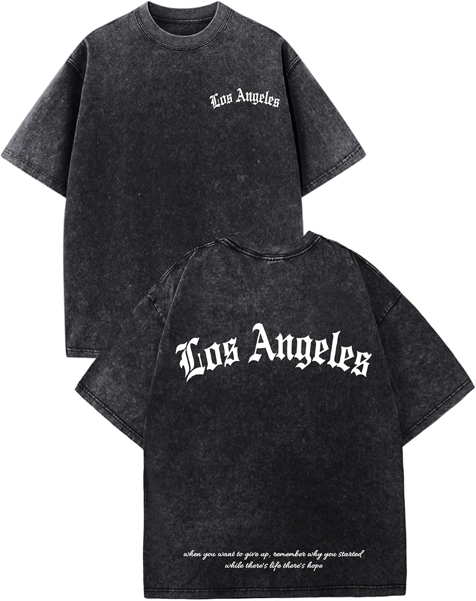 Bobeuto Camisetas gráficas de gran tamaño para hombres Camisetas vintage de Los Ángeles Ropa de calle Lavado ácido Camisas holgadas y frescas Tops casuales