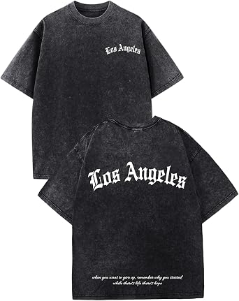 Bobeutou Oversized Graphic Tshirts for Men Los Angeles Vintage Tees Streetwear Acid Wash Baggy Cool Shirts Casual Tops