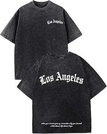 Bobeutou Oversized Graphic T-Shirts for Men and Women - Los Angeles Vintage Streetwear Acid Wash Baggy Casual Tops