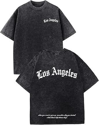 Bobeutou Oversized Graphic T-Shirts for Men and Women - Los Angeles Vintage Streetwear Acid Wash Baggy Casual Tops