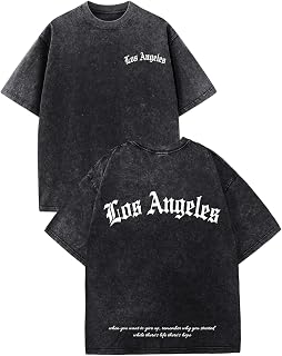 Bobeutou Oversized Graphic Tshirts for Men Los Angeles Vintage Tees Streetwear Acid Wash Baggy Cool Shirts Casual Tops