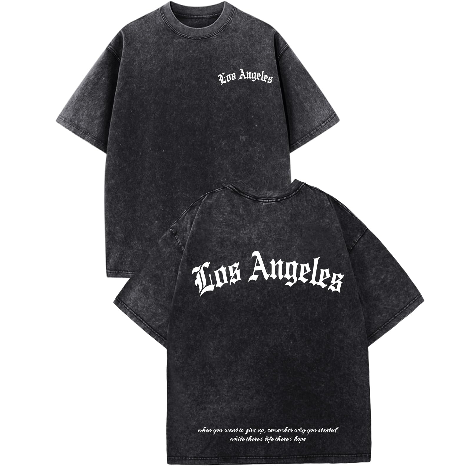 Bobeutou Oversized Graphic Tshirts for Men Los Angeles Vintage Tees Streetwear Acid Wash Baggy Cool Shirts Casual Tops