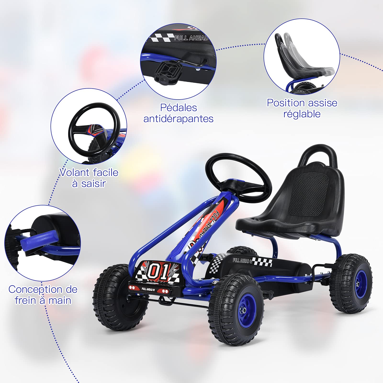 GOPLUS Go-Kart pour Enfant 3-6 Ans,Kart à Pédales Extérieur avec Siège Réglable sur 2 Positions, Frein à Main, Pneus,Go-Kart pour Garçons et Filles, 86 x 50 x 55CM (Bleu)