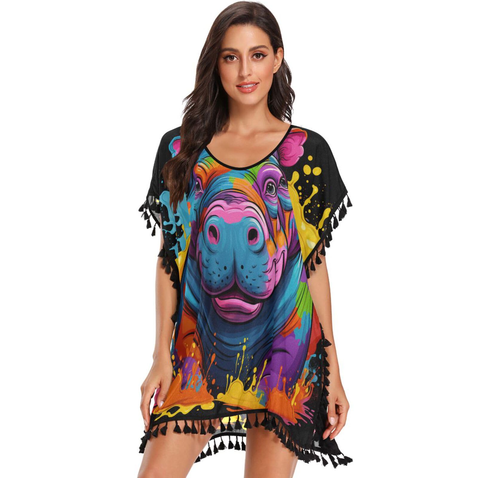 KAAVIYO Watercolor Hippopotamus Women's Beach Cover Up Chiffon Tassel Swimwear Swimsuit Coverups for Girl
