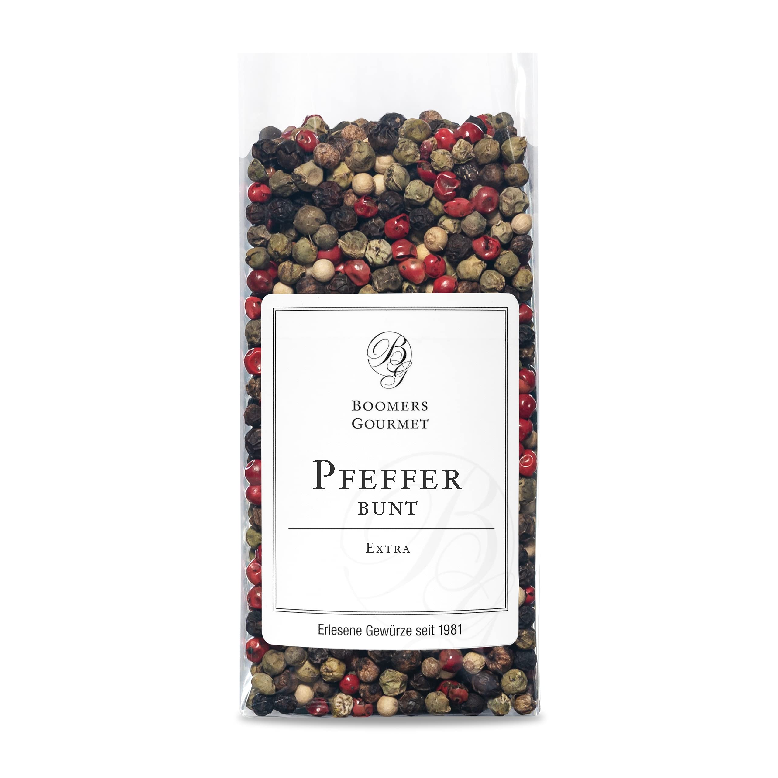 Boomers Gourmet - Bunter Pfeffer ganz – Pfeffermischung aus schwarzen, weißen, grünen und rosa Pfefferkörnern – aromatisch & hochwertig für Mühle und Mörser - Nachfüllpack - 100 g