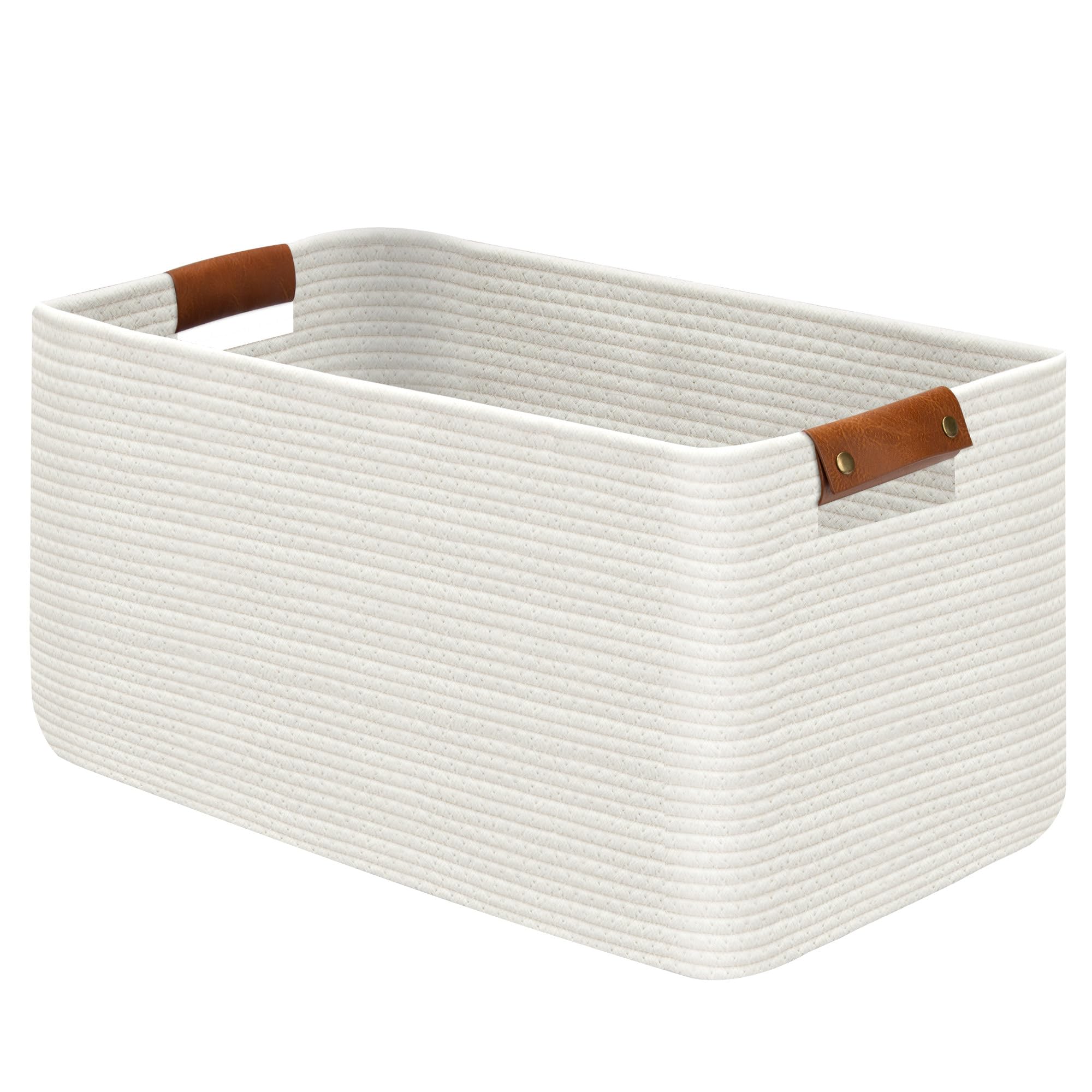 Goodheim Large Woven Cotton Rope Laundry Basket with Leather Handles, Rectangular Collapsible Storage Hamper for Clothes, Towels, Baby Kids Dog Toys, Washing Basket for Home Decor (White)