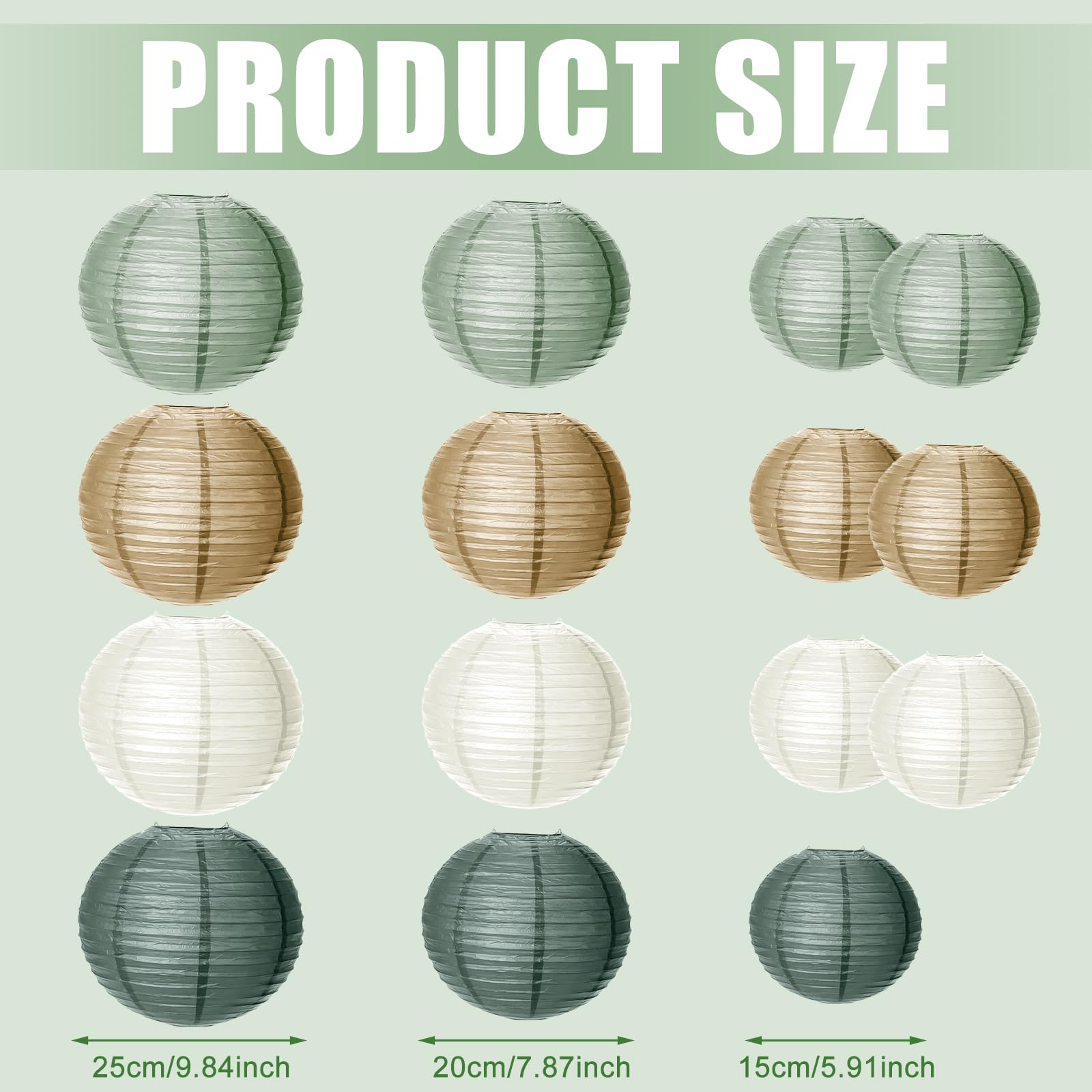 Decoration Vert Sauge Lot De 15 Lanternes Rondes En Papier, Décoration De Fond, Lanterne En Lanterne En Papier