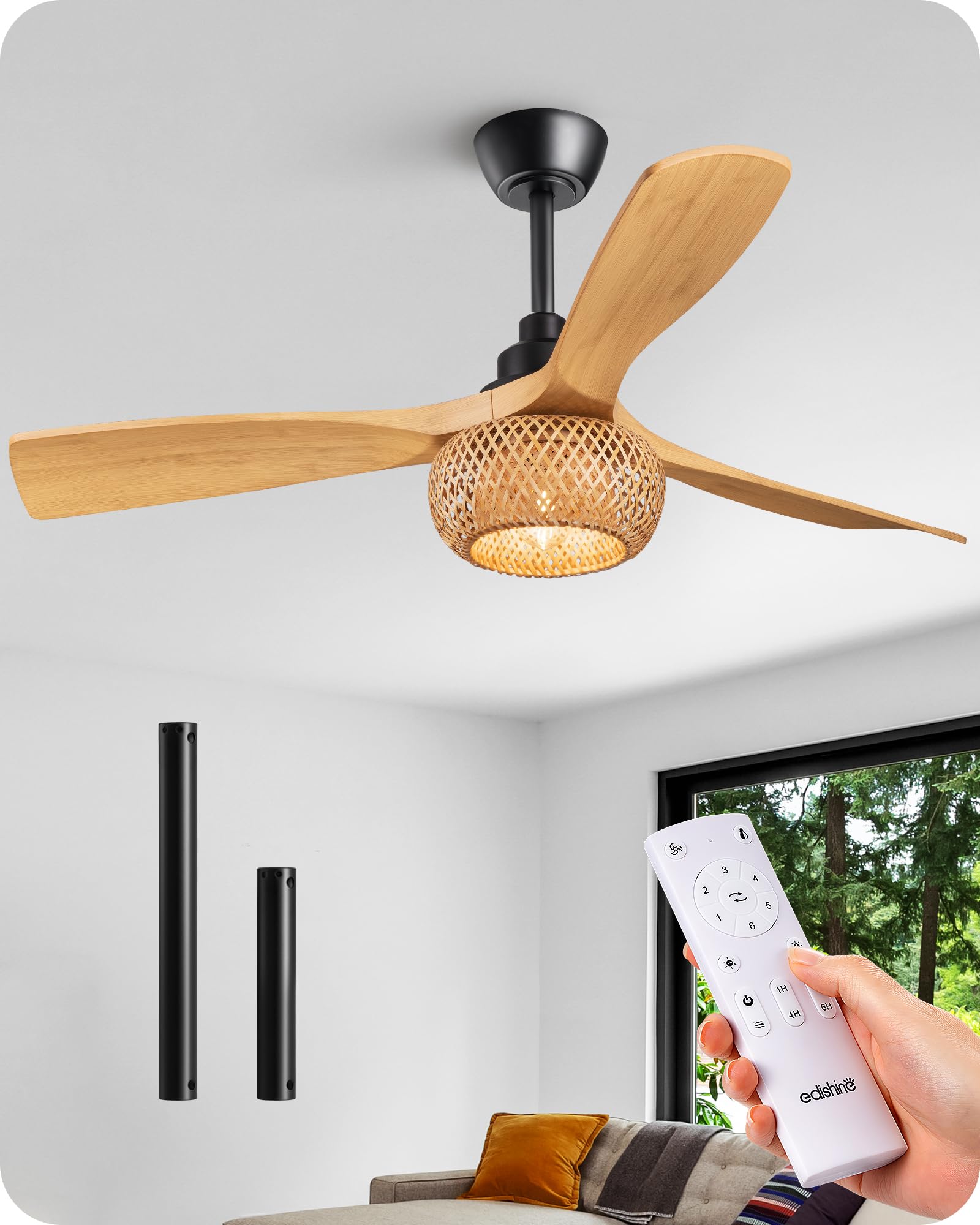 EDISHINE 52“ Boho Ceiling Fans with Lights, Wickerwork Cage & 3-ABS Blades, Timer & Remote Control, 6 Speeds, Indoor Noiseless Rattan Lighting & Ceiling Fans for Living Room, Bedroom, Dining Room