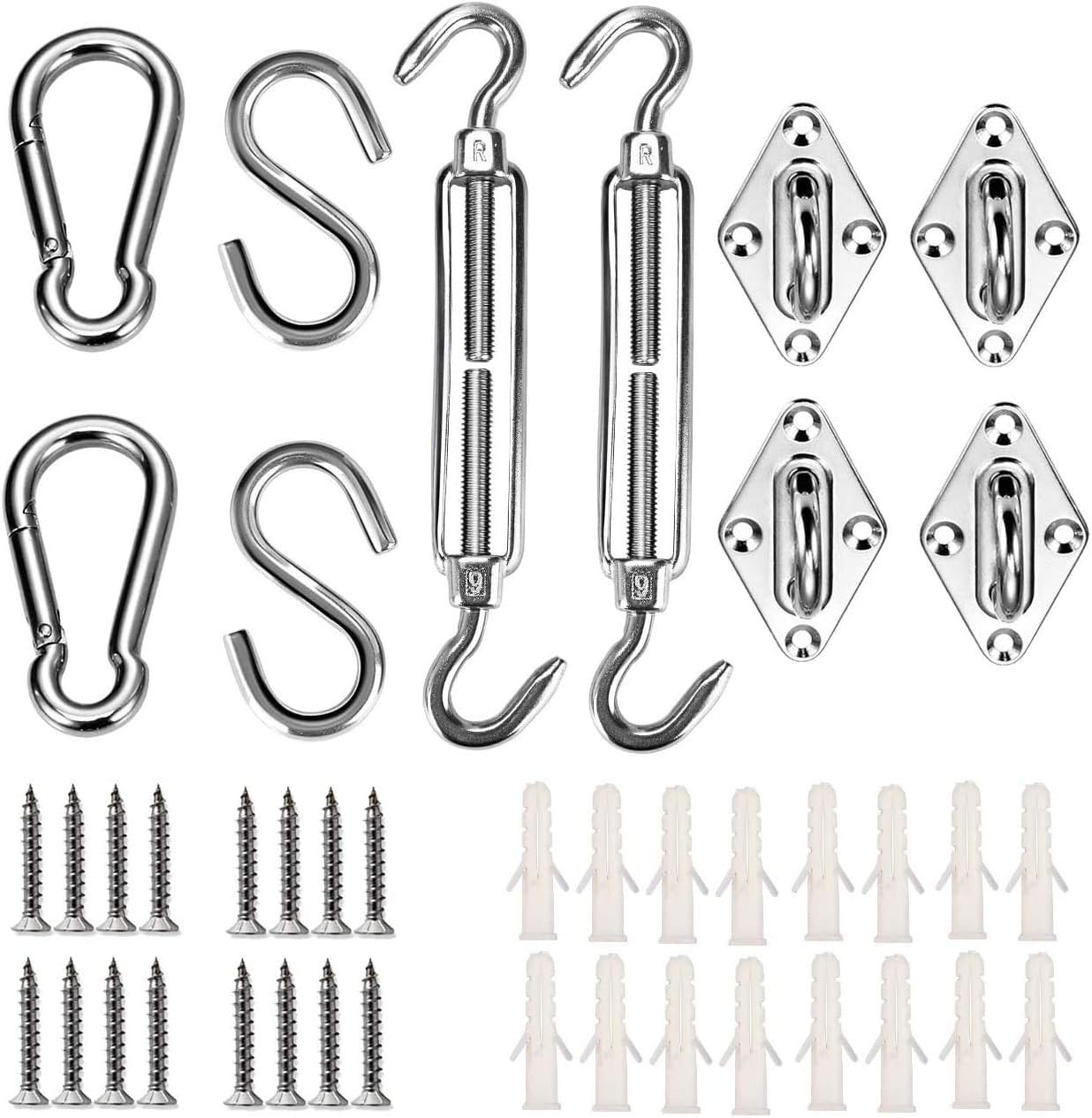 TedGem Sun Shade Sail Fixing Kit, Sun Shade Sail Hardware Kit 42Pcs Pad Eyes, Turnbuckles, Snap Hooks, S Rings, Screws, Bolts For Garden Sun Shade Sail Installation