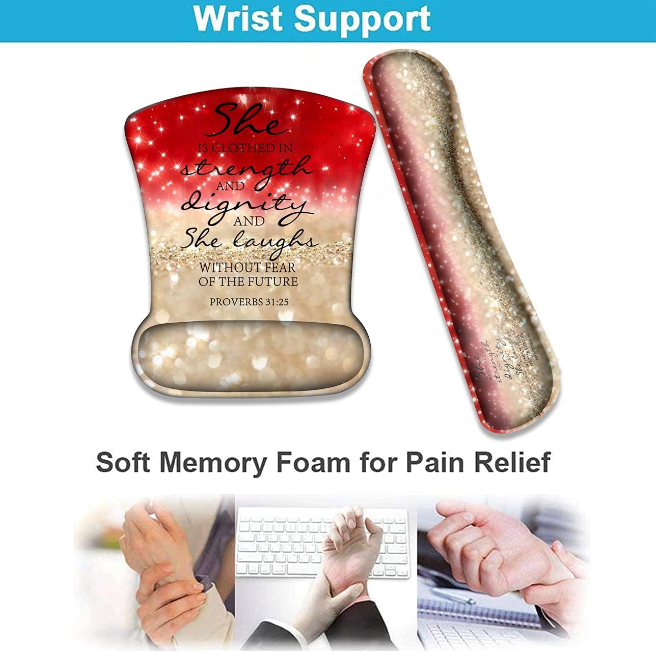 XMTMR Glass Ergonomically Upgraded Keyboard Wrist Rest and Comfortable Wrist Rest Gel Mouse Pad Set, Non-Slip Rubber Base and Cute Coaster, for Work, Game Home, Red Glitter Bible Verse Proverbs 31-25