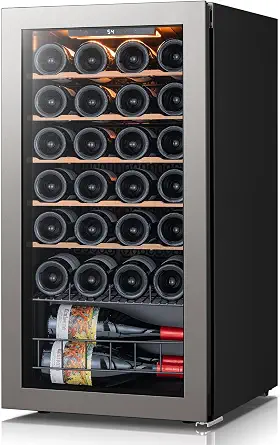  28 Bot Wine Fridge 3-Color LED & Double door for Home/Bar/Office | Wine Cooler Refrigerator,Wine Refrigerator with Double-Pane Glass Door, Removable Shelves, 37-65℉