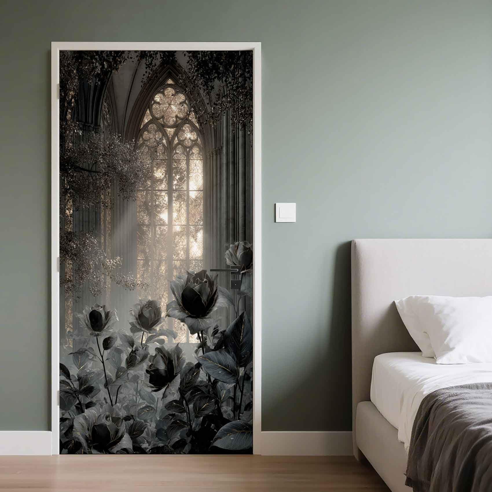 Gothic Style Door Sticker, Arch Black Rose Retro Style Wallpaper Interior Door Mural, Self-Adhesive Removable Stickers Decoration for Bedroom Living Room 90 x 200