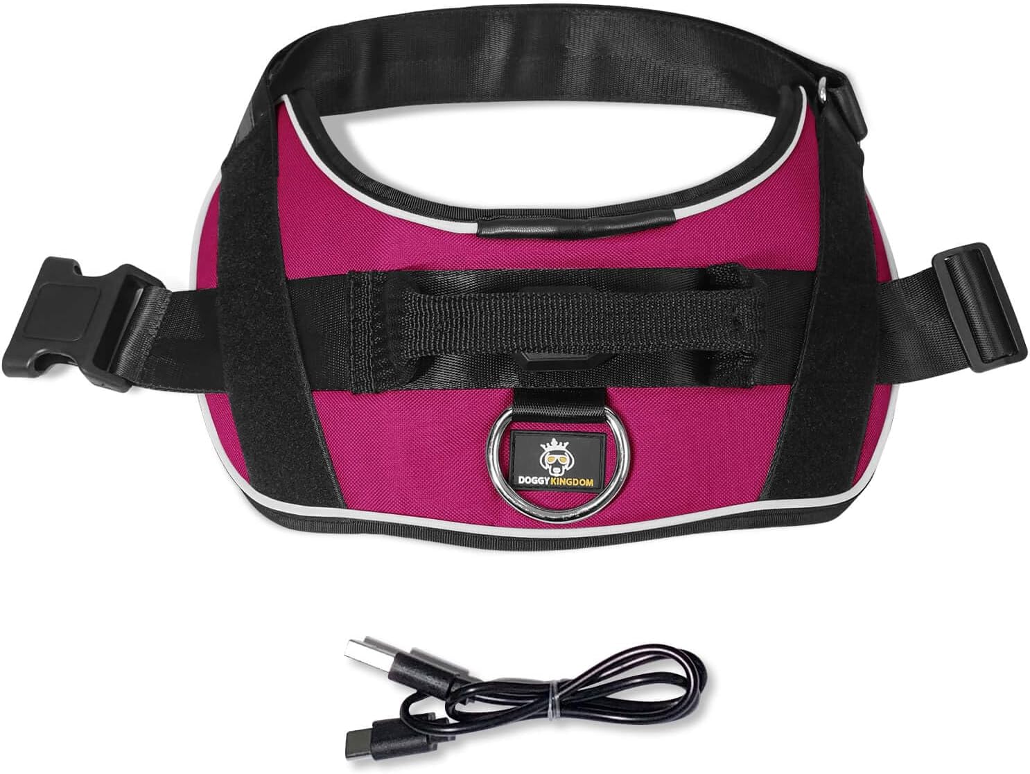 DOGGYKINGDOM Personalized Light Up Dog Harness with Custom Name Patches, Reflective, USB Rechargeable Rainproof Module with 3 Modes for up to 48h, No Choke, Adjustable, Medium Sized Dog, Rose Red, M