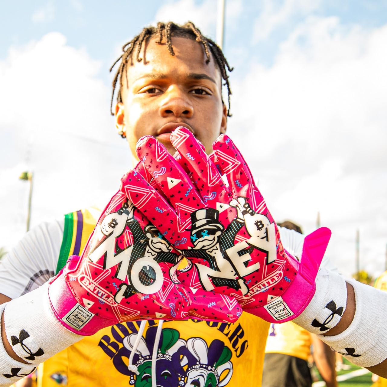 Battle Sports Money Man Adult Football Receiver Gloves - Pink