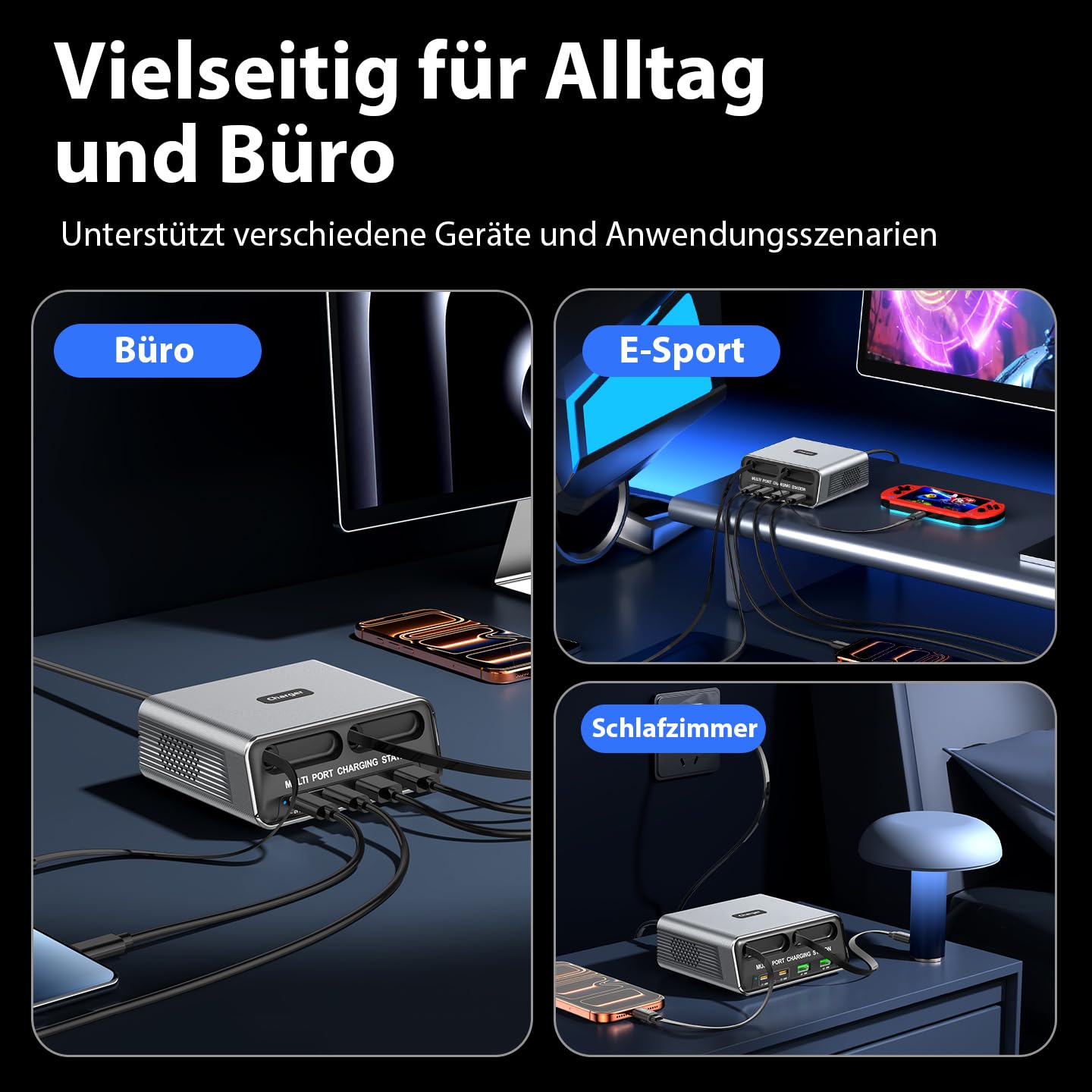 6 in 1 GaN Ladestation Mehrere Geräte, 65W USB C Schnellladegerät mit 2 Einziehbaren Kabeln, Klein Ladestation Kompatibel für MacBook/iPad/Phone 17/16/Samsung/, Silent Design mit rutschfest