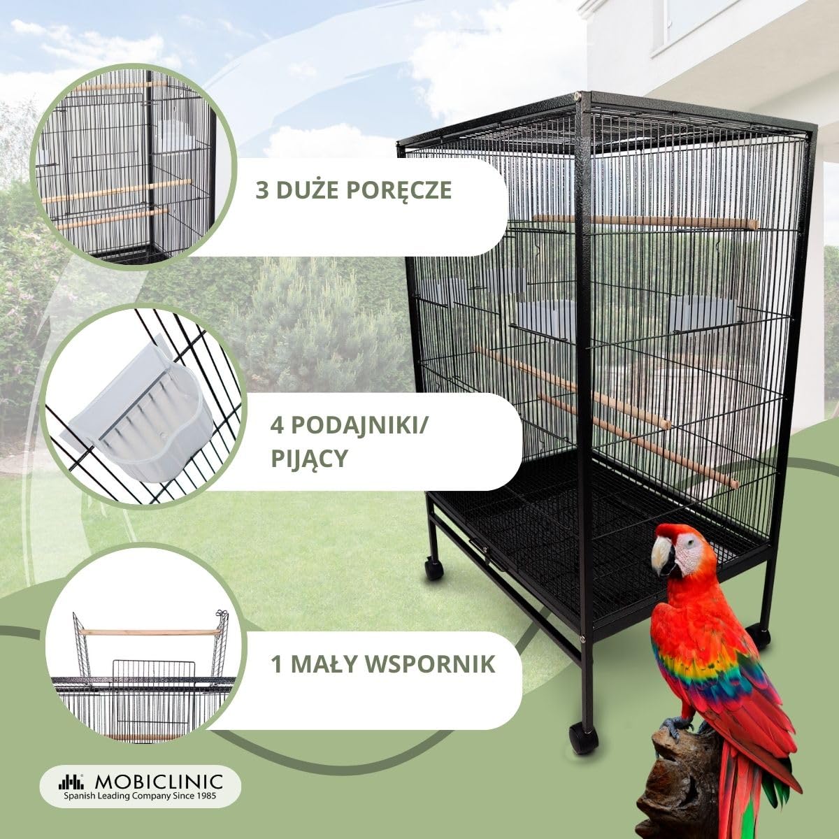 Mobiclinic® pets, Klatka dla ptaków, Nymph, Kółka transportowe, Hamulce, Otwieranie od góry, Wyjmowana taca, 8 drzwiczek, Duż rozmiar