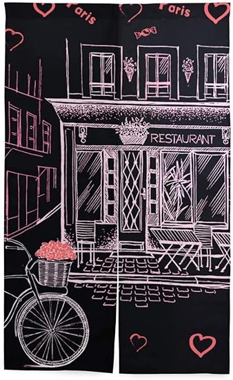 Amazon Tinzzeros のれん おしゃれ パリの手描きフランスアイコンを設定します 和室でも ファブリック かっこいい 目隠し和風暖簾 夏 優れ 浴場 宿泊施設の 暖簾 和室 突っ張り棒付き 幅85 丈90 のれん オンライン通販