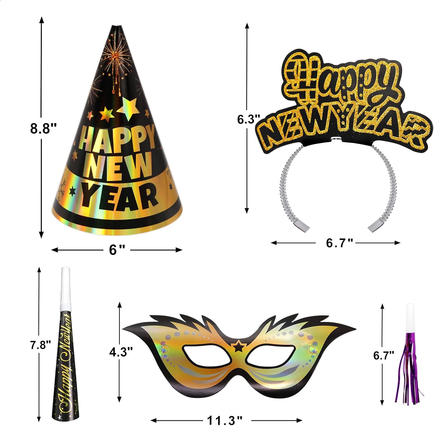 Fancy Land New Years Eve Party Supplies for 25 Guests 2026 75 Pcs NYE Party Supplies Gold Silver NYE Hats Glitter Tiaras Decorations Noise Makers Paper Masks Favors Kits - Image 2