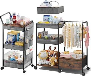 BBLIKE 3in1 Diaper Caddy Organizer - Diaper Caddy & Rolling Diaper Cart for Nursery and Baby Essentials, Multi-Function Utility Cart for Bedroom and Bathroom(Gray Hanger&Pocket)