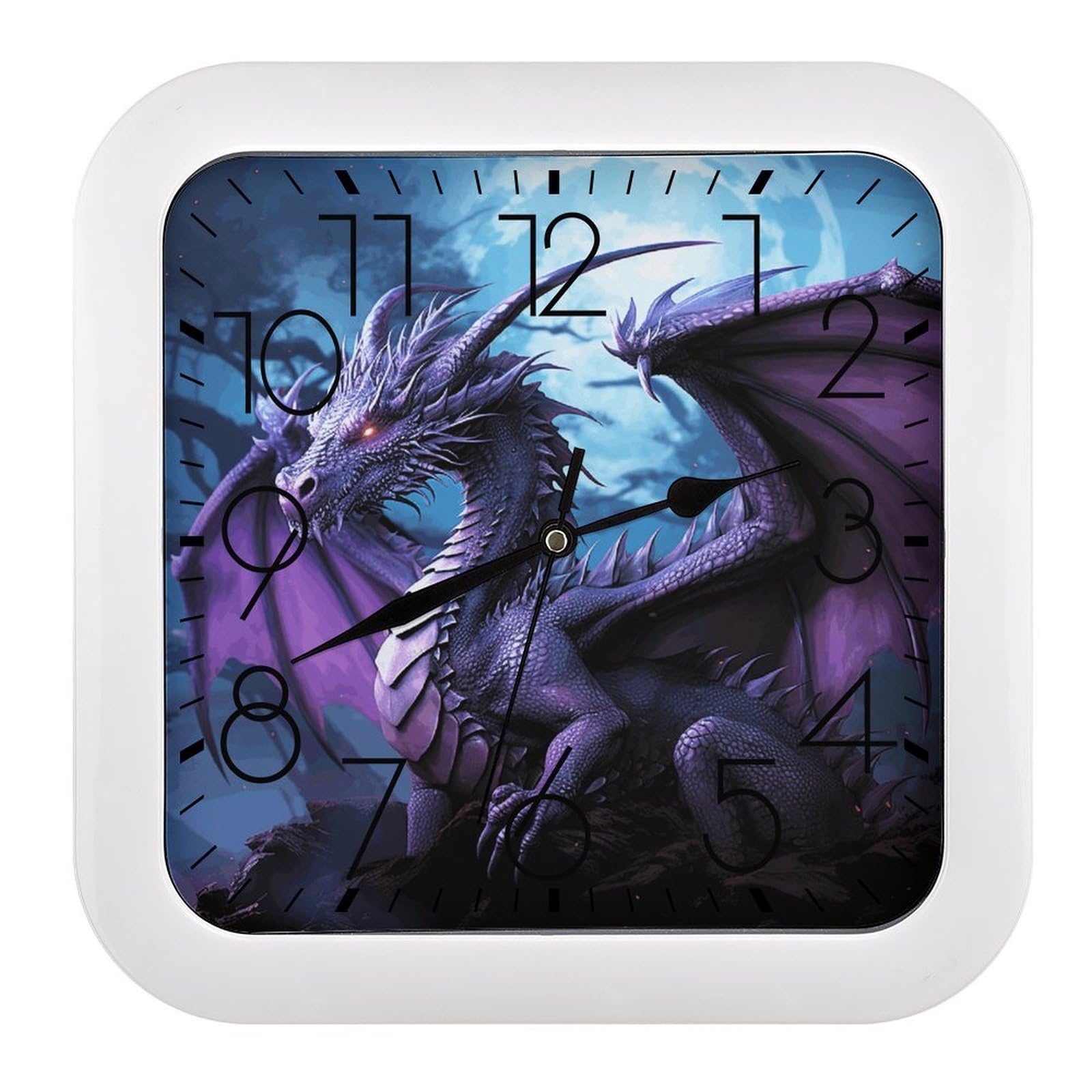 LZQPOEAS Purple Dragon Purple Moon Square Wall Clock, 10.2 Inch Battery Operated Silent Non-Ticking Wall Clock, Square Analog Decorative Clock for Home Wall Art, Living Room, Bedroom, and Office
