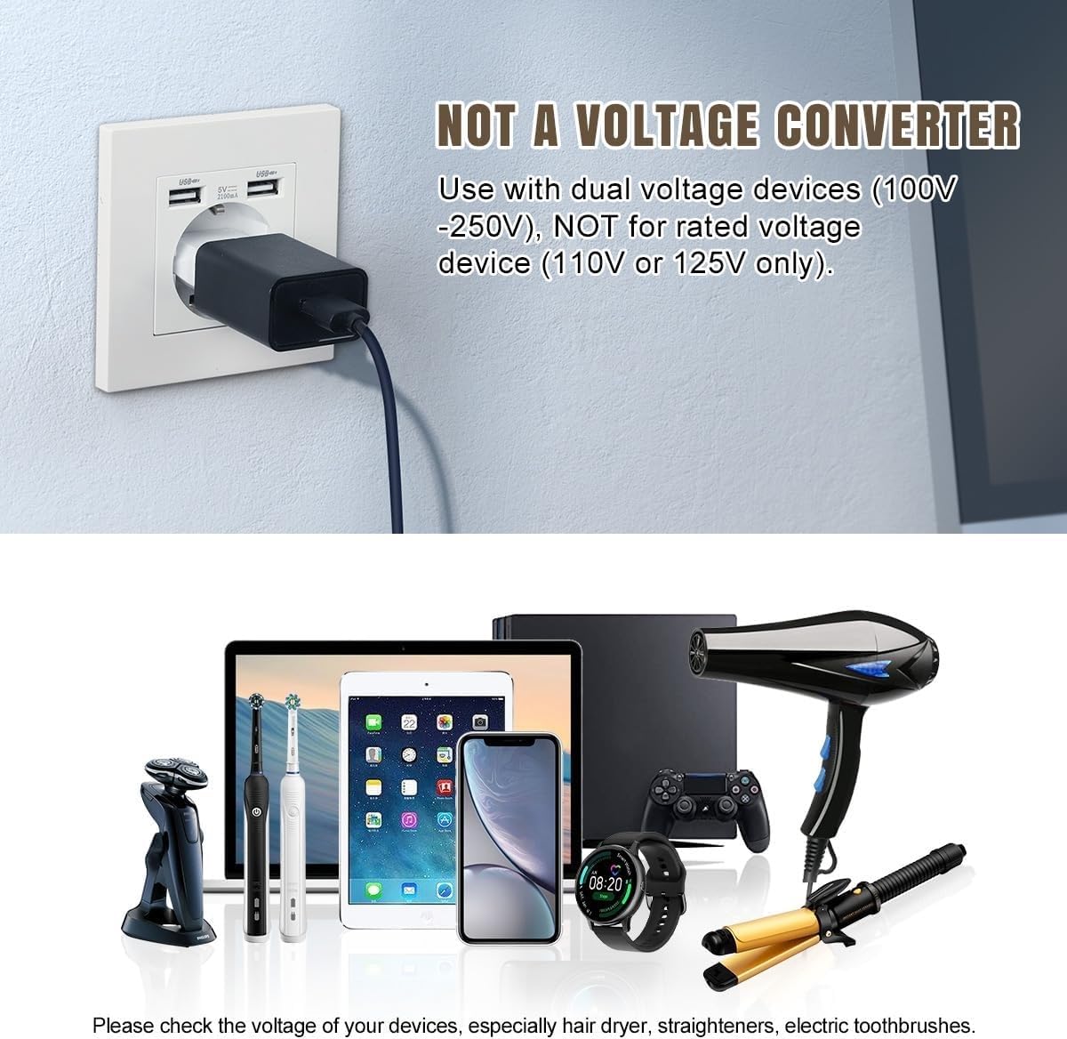 Adaptador de Enchufe de EEUU a Enchufe Europeo, Adaptador de Corriente Americano a Europeo, Enchufe Viaje, 125 ~ 250 V/6 A, potencia máxima a 250 V: 1500W, Blanco, 4 unidades - imagen 2