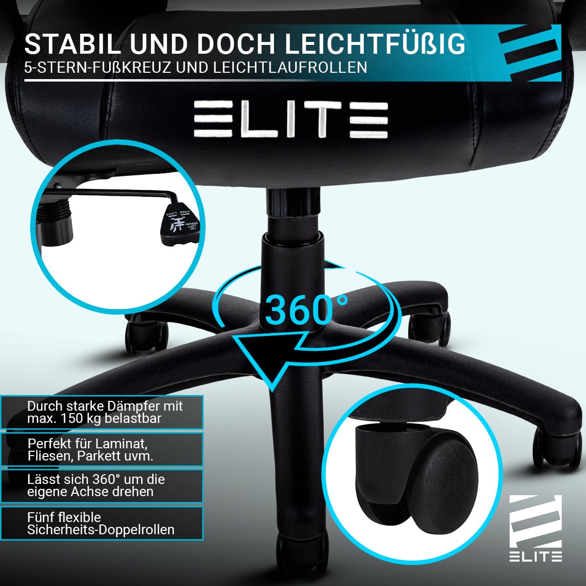 ELITE Gaming Stuhl Exodus | Ergonomischer Bürostuhl - Schreibtischstuhl - Chefsessel - Sessel - Racing Gaming Stuhl - Gamingstuhl - Drehstuhl - Chair - Kunstleder Sportsitz (Schwarz)