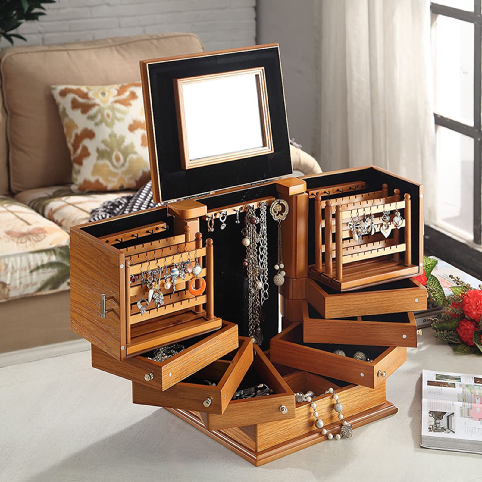 Wood Jewelry Box for Women Large Organizer Box with Mirror Rotatable Drawers for Storage Earrings Rings Necklace Bracelet