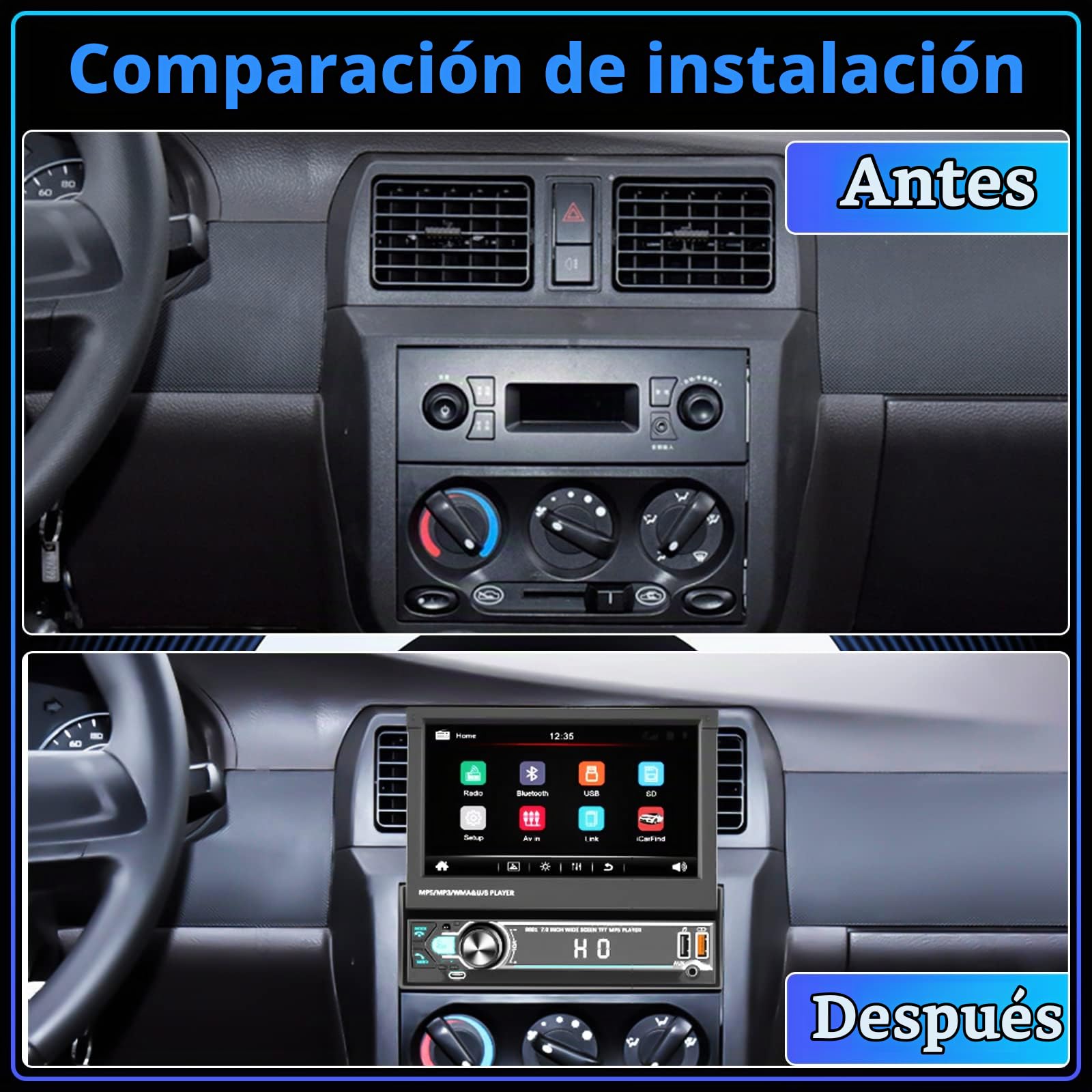 Hikity Radio Coche 1 DIN con Pantalla Retráctilde,7'' Pantalla táctil 1 DIN Reproductor MP5 para Coche Radio Retráctil con Bluetooth FM TF USB Mirror Link Cámara Trasera Control del Volante