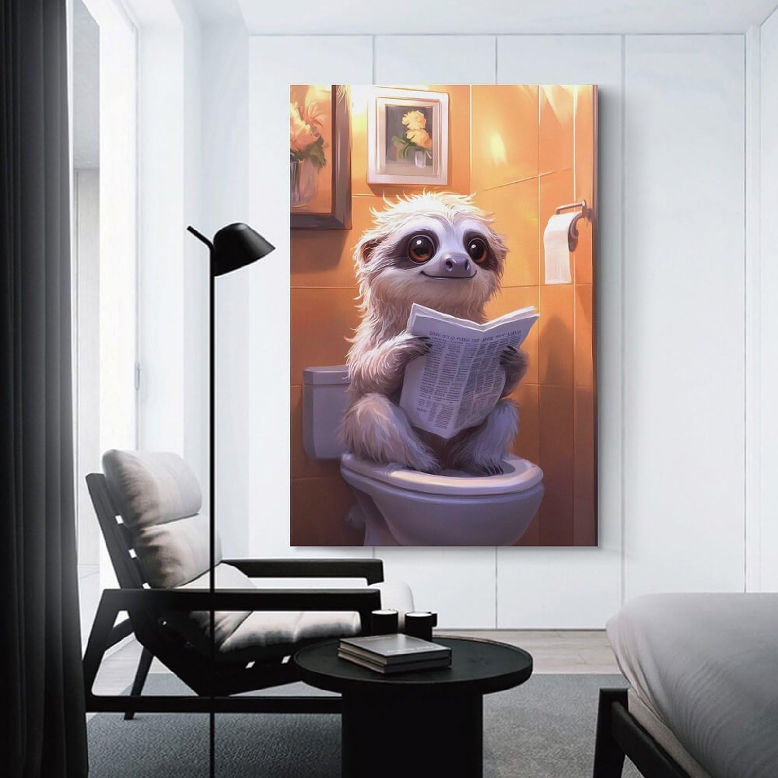 Junmoney Sloth Reading on Toilet Funny Canvas Art Print 08x12inch(20x30cm), for Gallery Wall Layouts in Home Or Office, Decorative Artwork with Flexible Styling
