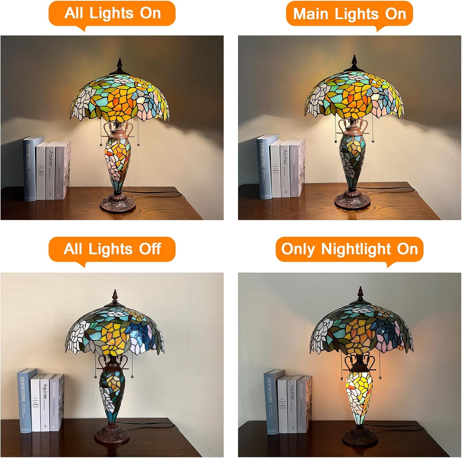 Capulina Tiffany Lamp Stained Glass Table Lamp 3-Light 16x16x24 Inches Mother-Daughter Vase Wisteria Tiffany Style Desk Lamp Decor for Home Office Bedroom Living Room