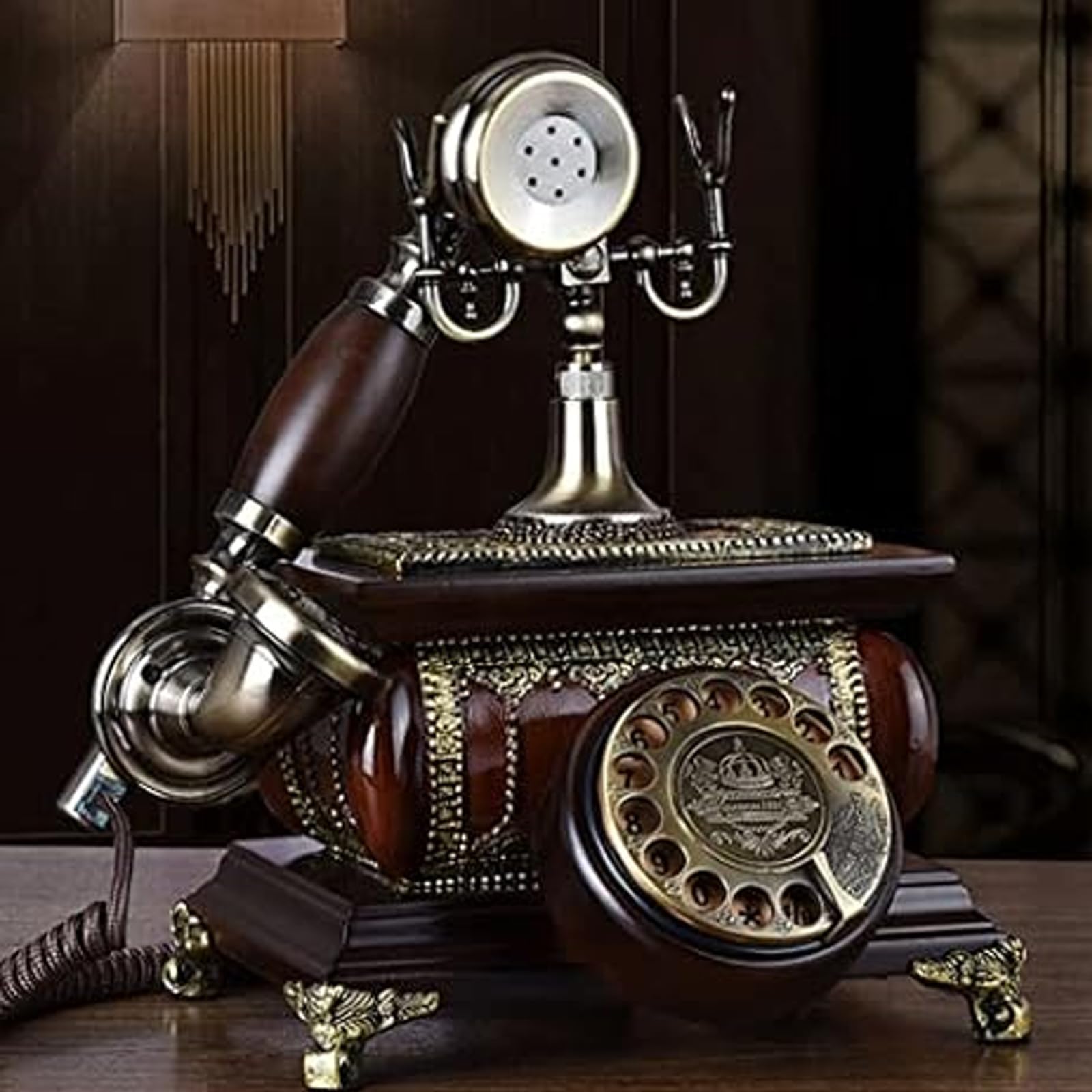 Telefono Vintage in Legno con quadrante Rotante, Telefono retrò con Filo, Telefono Fisso in Stile Antico Classico con Dettagli in Metallo per l'arredamento di casa e Ufficio. Stile