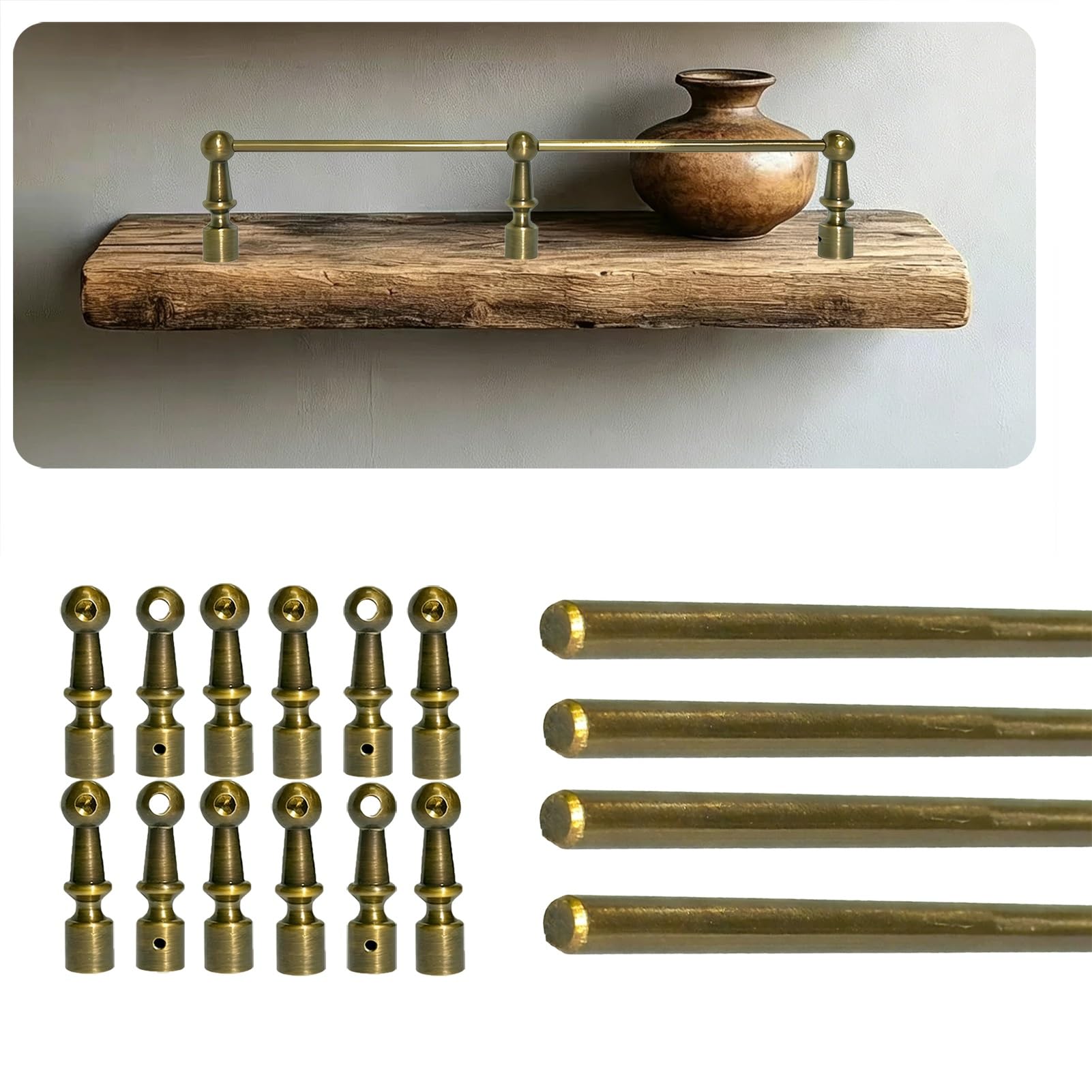 Jievmrs Set of 4 Guard Fence Rail for Hanging Shelving, Antique Brass Shelf Railing Kit with Post, Shoe Racks, Bookshelves, Kitchen Cabinets Guard System(20in/51cm)