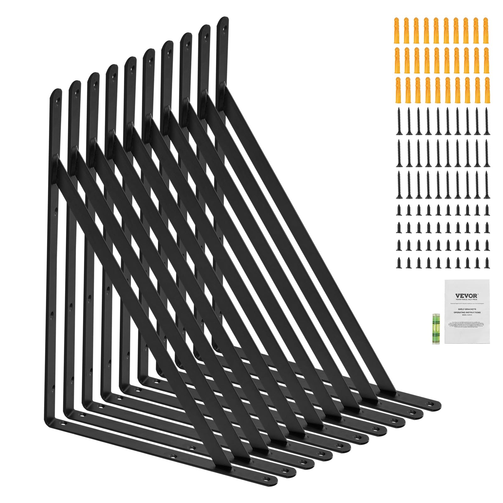 VEVOR Supports d'étagères, 308 x 209 mm, équerre d'étagère flottante robuste,​10 pièces, support pour étagère triangulaire noir mat de 3 mm d'épaisseur, en acier avec une capacité de charge de 72,​6 kg